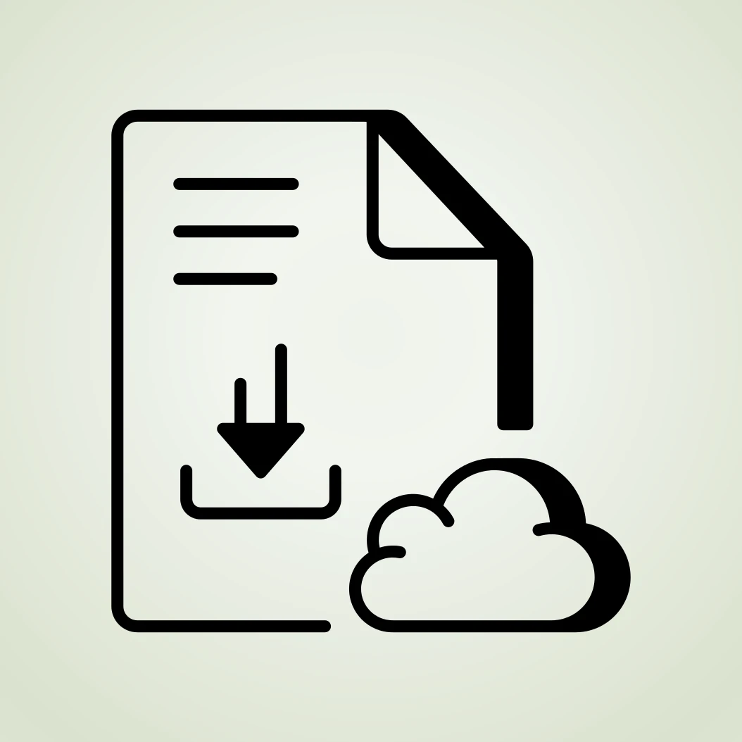 Black outlined document with folded corner, download arrow into tray and cloud on blue background