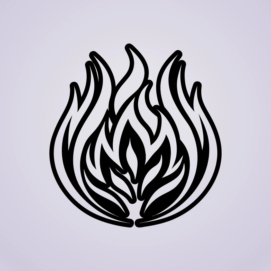 Black stylized layered flame emblem with bold outlines on pale blue background, symmetrical composition.